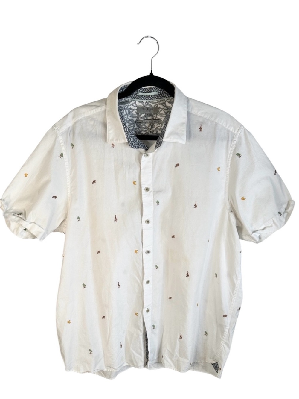 Ted Baker White Banana Palm Tree Monkey Print Button Down Short Sleeve Shirt